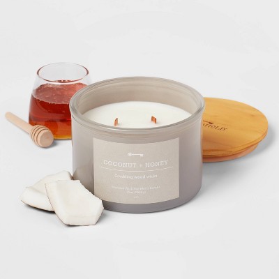 14oz Lidded Gray Glass Jar Crackling Wooden 3-Wick Candle with Paper Label Coconut and Honey&#160; - Threshold&#8482;