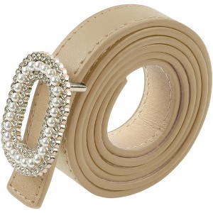 INSPIRE CHIC Women's Faux Leather Thin Belt Ladies Belt with Pearl Rhinestone Buckle for Jeans Pants - 1 of 4