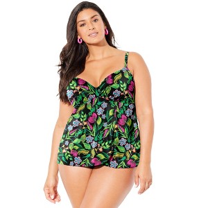 Swimsuits for All Women's Plus Size Bra Sized Faux Flyaway Underwire Tankini Top - 1 of 4