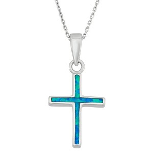 Opalata Sterling Silver Blue Inlay Opal Cross 18" Pendant Necklace - Blue - 1 of 2