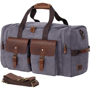 Genuine Leather & Canvas Weekender Duffel Bag with Shoes Compartment, Travel Overnight Carry-On for Men & Women - 1 of 4