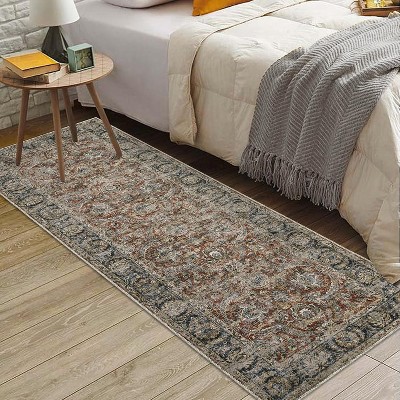 4'x6' Washable Oriental Floral Rug, Non-Slip Vintage Low Pile, Ultra-Thin Floor Cover for Living Room, Bedroom, Office, Dorm, Dining Area, Red