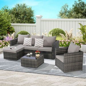3-Piece Outdoor Patio Furniture Set: Woven L-Shaped Sectional, Wicker Conversation Group with Single Sofa and Detachable Lounger & Coffee Table - 1 of 4