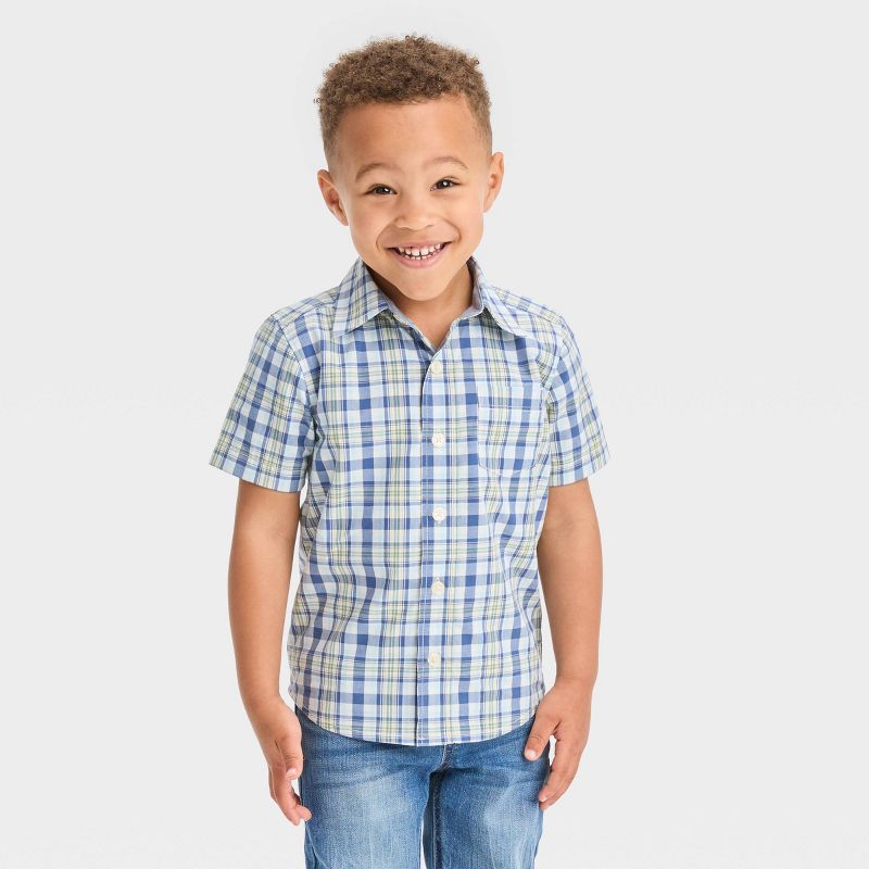 OshKosh B'gosh Toddler Boys' Short Sleeve Plaid Woven Button-Down Shirt - Light Blue, 1 of 4