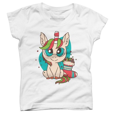 Girl's Design By Humans Christmas Candy Cane Unicorn With Stocking By rasok T-Shirt