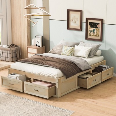 ALEXOUN Wooden Bed Frame with 6 Storage Drawers,Without Headboard Design,Slat Support,No Box Spring Needed,Easy Assembly