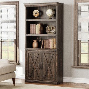 5-Tier Bookcase with Cabinet, 68.7" Tall Farmhouse Wooden Bookshelf with Storage Doors - 1 of 4