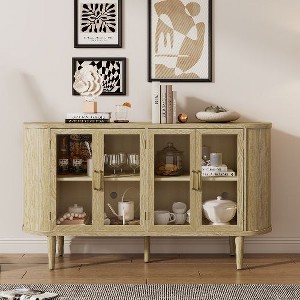 PAGED Farmhouse 4-Door Kitchen and Dining Room Cabinet with Storage and Glass Doors & Adjustable Shelves, Oval Tabletop Storage Cabinet - 1 of 4