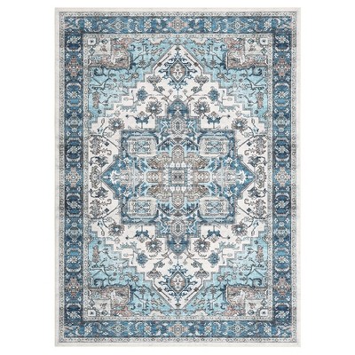 Garvee Area Rug -Machine Washable Vintage Rug Carpet for Bedroom Dinning Room, Distressed Area Rug Indoor Non Slip No Pile, Blue&Green