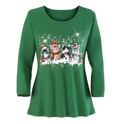 Collections Etc Snowy Day Kittens Sequin Detailed 3/4 Length Sleeve Top