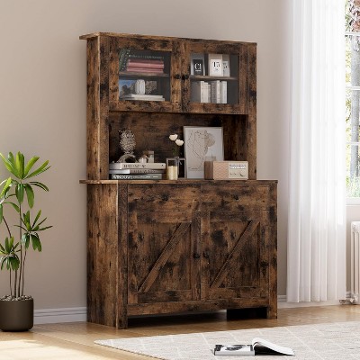 Farmhouse Pantry Cabinet, Kitchen Pantry Storage Cabinet with Microwave Stand, Rustic Buffet Sideboard with Sliding Door, Freestanding Cupboard