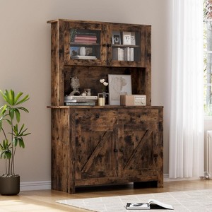 Farmhouse Pantry Cabinet, Kitchen Pantry Storage Cabinet with Microwave Stand, Rustic Buffet Sideboard with Sliding Door, Freestanding Cupboard - 1 of 4