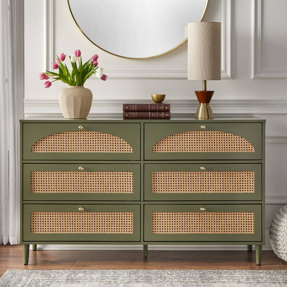 Lifestorey Taylor Mid-Century Modern 6-Drawer Dresser with Natural Cane Olive Green