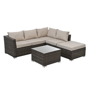 Maggift 4PCS Patio Seating Rattan Furniture Set Sectional Sofa Cushioned Garden, Tempered Glass Table, Beige, 51.1"*27.5"*25.62" - 1 of 4