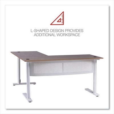 Beigewood and White L-Shaped Writing Desk with Metal Base