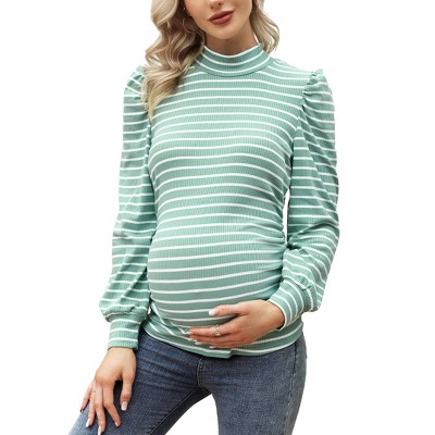 High Neck Puff Sleeve Ribbed Pleated Maternity Striped Top