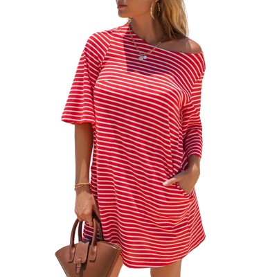 EXLURA Women's 2025 Summer Oversized Short Sleeve T Shirt Dress Casual Crew Neck Striped Tops Loose Sundress with Pockets