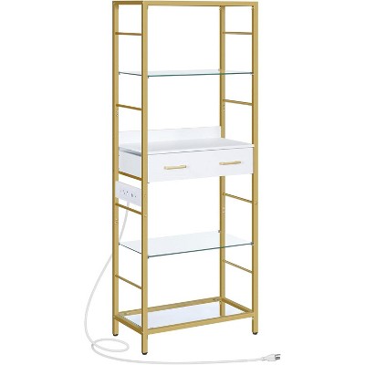 5-Tier Bookshelf with Drawer,with Charging Station, Standing Storage Shelf with Metal Frame and Tempered Glass, for Living Room, Bedroom, Gold