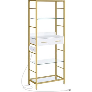 5-Tier Bookshelf with Drawer, Tall Bookcase with Charging Station, Standing Storage Shelf with Metal Frame and Tempered Glass - 1 of 4