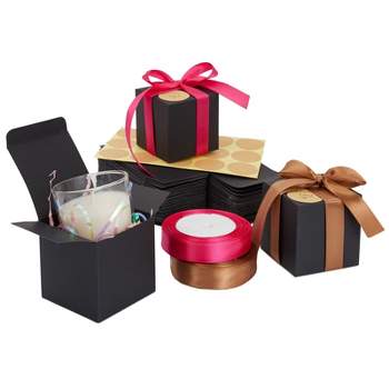 Stockroom Plus 50 Pack Kraft Black Paper Gift Boxes, Bulk Set with Ribbon & Stickers (3x3x3 In)