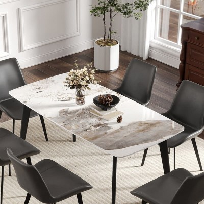 Modern Rectangular Dining Table for 6, Sintered Stone Top Kitchen Table, Curved Edge Table with Black Metal Legs-The Pop Home