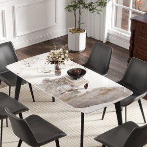 Modern Rectangular Dining Table for 6, Sintered Stone Top Kitchen Table, Curved Edge Table with Black Metal Legs-The Pop Home - 1 of 4