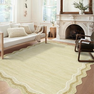 Scalloped Rug with Non Slip Backing, Low Pile Foldable Bordered Mats for Living Room, Bedroom - 1 of 4