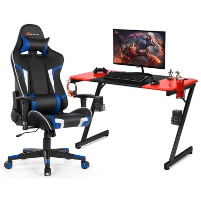 Costway Gaming Desk & Chair Set Z-Shaped Racing Style Desk with Massage Swivel Gaming Chair