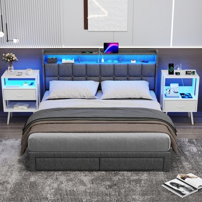 Vynxaria 2 Pack Modern Nightstand with Charging Station & LED Light ¨C Stylish Bedside Tables with Adjustable Fabric Drawers