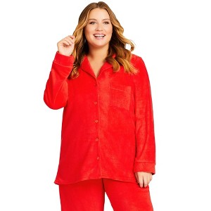 Avenue Women's Plus Size Plain Button Fleece Sleep Top - 1 of 4