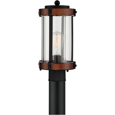 John Timberland Rustic Industrial Outdoor Post Light Fixture Black Dark Wood 13 3/4" Clear Glass Shade Exterior House Porch