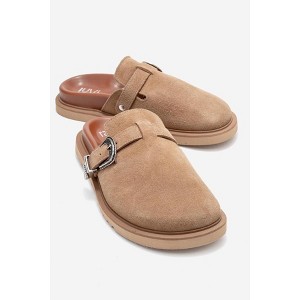 Vesta - Taupe Suede Buckled Genuine Leather Closed-Toe Mule (Women) | Forever & Always Shoes - 1 of 4