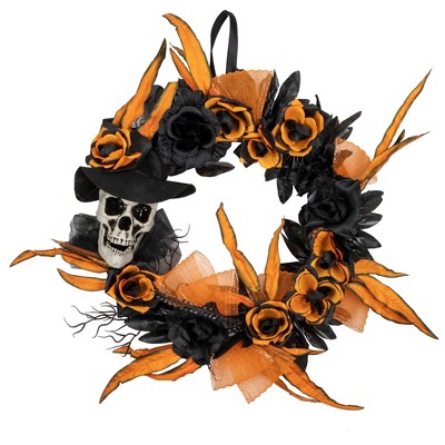 Northlight Skull with Black and Orange Roses Halloween Wreath, 14-Inch, Unlit