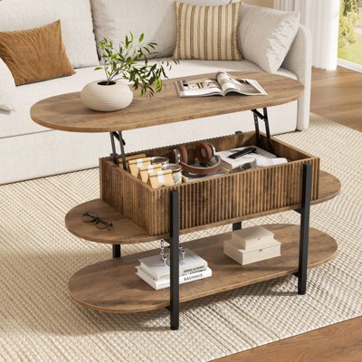 WOWLIVE 41.7" Oval Lift Top Coffee Table with Hidden Compartment, 3 Tier Fluted Wood Center Tables with Storage Shelf for Living Room