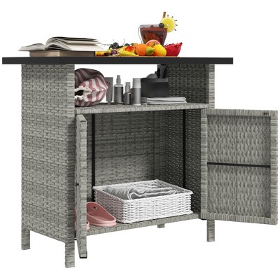 Outsunny Wicker Outdoor Storage Cabinet, Rattan Outdoor Towel Storage Unit with Two Doors, Shelf, Metal Top for Pool, Garden, Porch