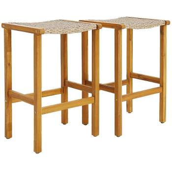 Costway 2PCS/4PCS Patio PE Wicker Bar Stools with Acacia Wood Frame Bar Height Chairs Poolside