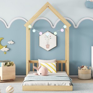 CAVINAS Kids Montessori Bed with House-shaped Headboard,Wood Floor Bed with Semi-fence Design,Twin/Fill Size Toddler Bed for Bedroom,Gray/White/Brown - 1 of 4