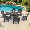 7-Piece Cast Aluminum Patio Dining Set with Oval Table, 2 swivel chairs and 4 fixed dining chairs, Blue Cushions and Umbrella Hole - 2 of 4