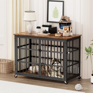 Furniture Style Dog Crate with Iron Frame and Double Doors,43'' Indoor Pet Kennel with Wheels and Open Top Side Table Dog Cage - LAOTIES - 1 of 4