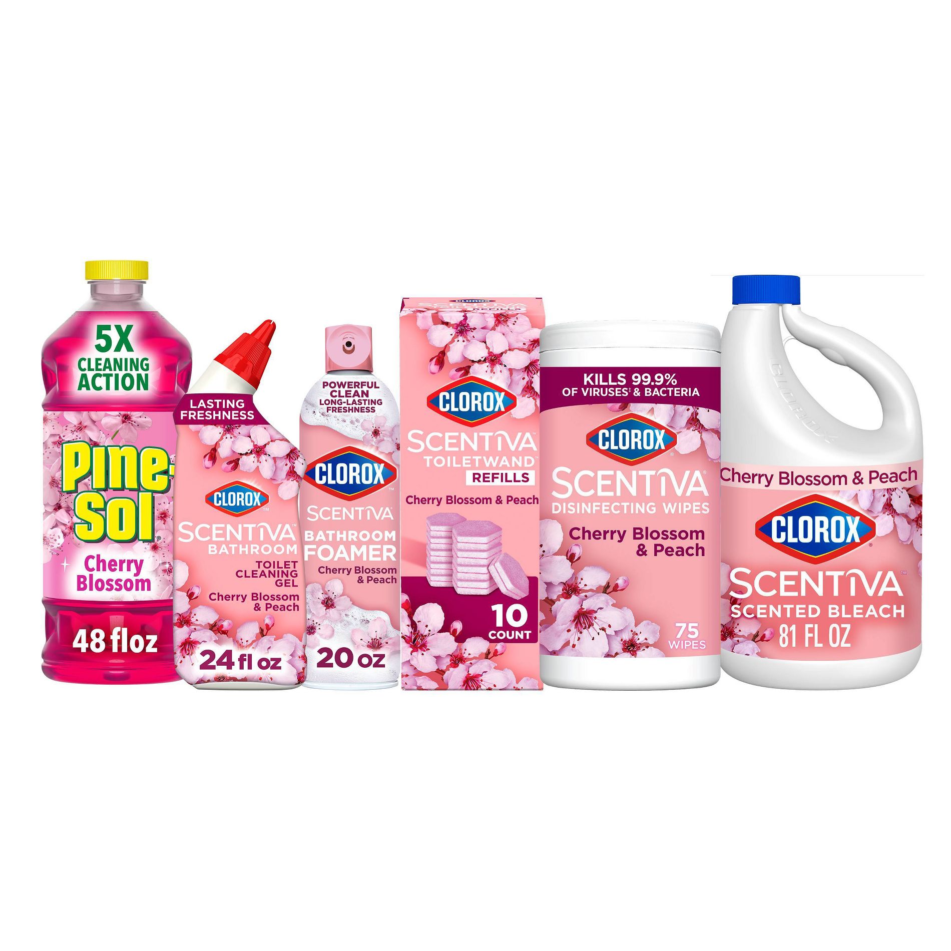 Clorox 24oz Toilet Bowl Cleaner Cherry Blossom Peach + 20oz Bathroom Foamer + 75ct Wipes + 10ct ToiletWand Refill + 81oz Bleach + Pine-Sol 48ozCleaner