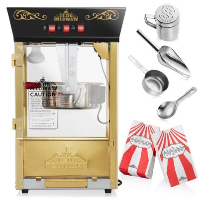Olde Midway Black and Gold Vintage-Style Popcorn Machine with 8 oz Kettle