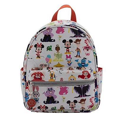 Disney Mini Backpack Purse with Multi Character Allover Print & Molded Metal Logo Charm, 10.5 Inch, Adjustable Straps, Faux Leather