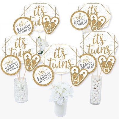 Big Dot of Happiness It's Twins - Gold Twins Baby Shower Centerpiece Sticks - Table Toppers - Set of 15