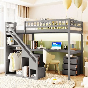 Sapphtopaz Loft Bed with 2 Chest of Drawers & LED Wooden Loft Bed Frame with Guardrails & Stairs for Kids,Teens Desk Bed for Bedroom - 1 of 4