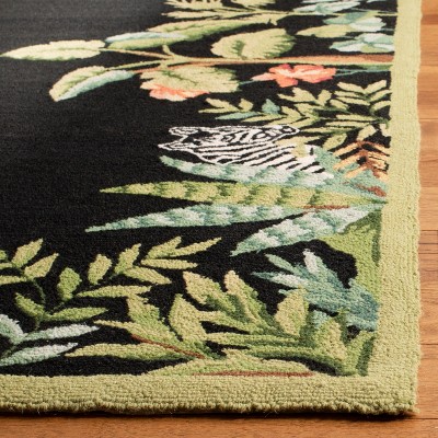 Handmade Black and Green Floral Wool Rectangular Rug