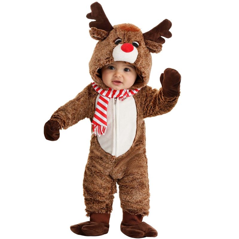 HalloweenCostumes.com 0-3 Months   Reindeer Plush Costume for Infant's, Red/White/Brown, 3 of 4