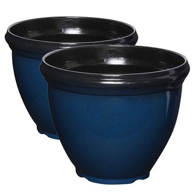 Southern Patio 12 Inch Heritage Round Outdoor Patio Porch Resin Plastic Lightweight Planter Pot w/ Glossy Finish, Monaco Blue (2 Pack)