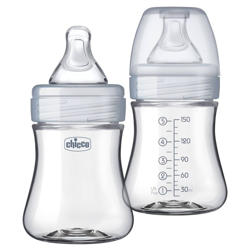 Chicco 2pk Duo Hybrid Baby Bottle with Invinci-Glass Inside/Plastic Outside with Slow Flow Anti-Colic Nipple - Clear/Gray - 5oz, 1 of 15