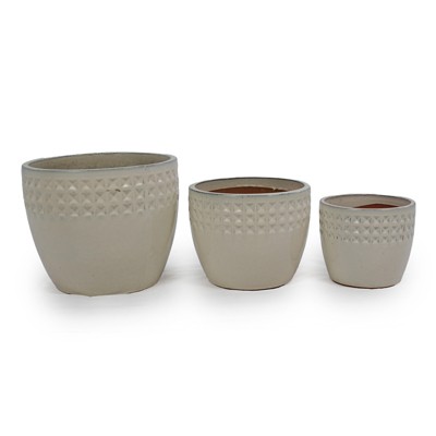 VisioGear 3PCS Ceramic Flowerpot, Modern Planter for Patio, Garden, Windowsill, Ancient White, 15"*15"*12.6"