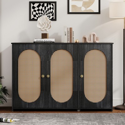 Retro 3-Door Sideboard with Large Storage Space Artificial Rattan Doors and Metal Handles, Accent Cabinet for Living Room and Hallway